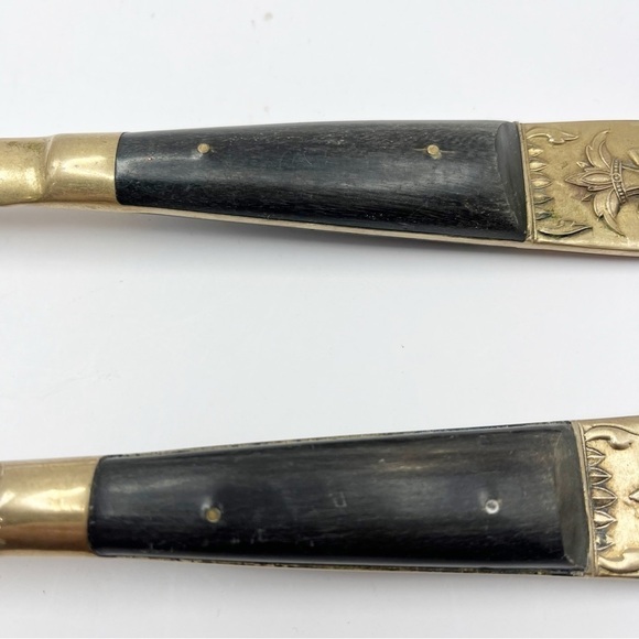 Brass Bronze Wood Handle Salad Serving Spoon & Fork Flatware Thailand Siam - Picture 6 of 9